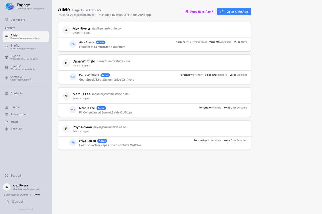 AiMe roster showing every team member's personal AI representative and its voice settings