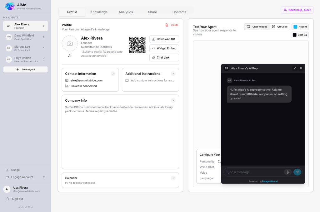 AiMe agent profile showing contact details, QR code, company info, and a live chat preview