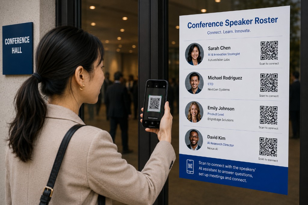 Conference attendee scanning a speaker QR code to connect with an AI assistant