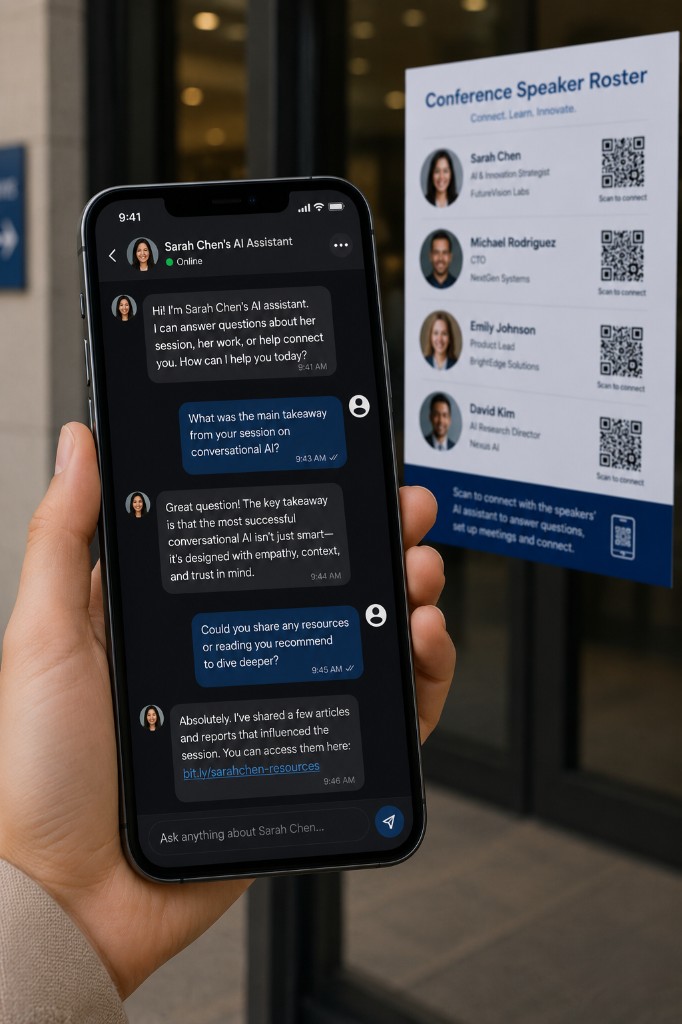 Sarah Chen's AI assistant answering questions in a mobile chat