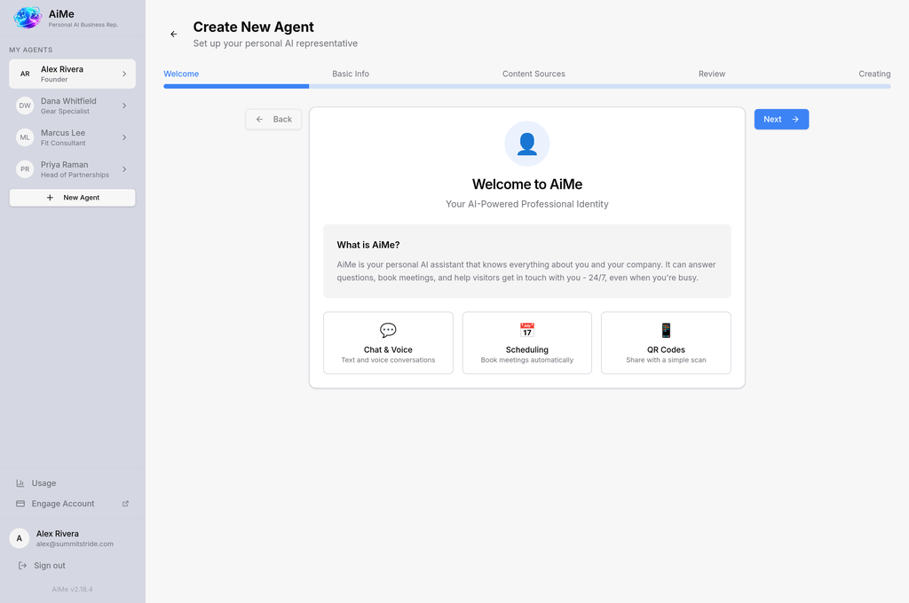 AiMe setup wizard walking through creating a new personal AI representative