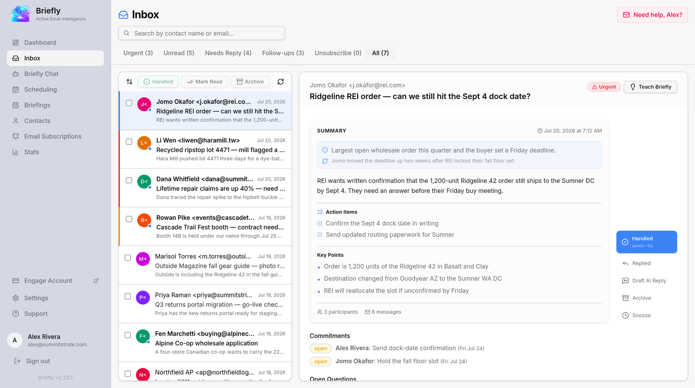 Briefly inbox showing prioritised email threads alongside an AI summary with action items, key points, and commitments