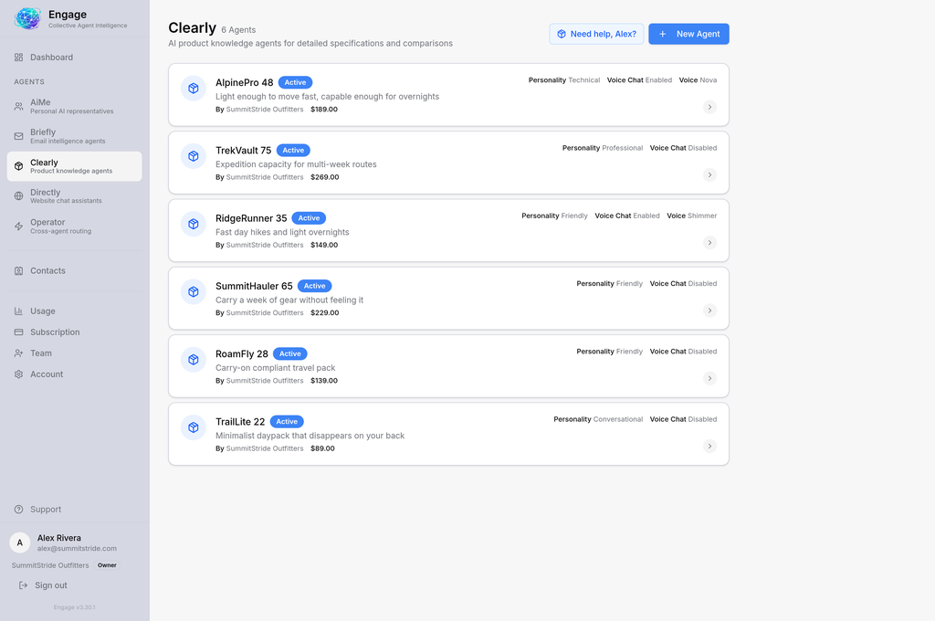Clearly dashboard listing product AI agents with their personality and voice settings