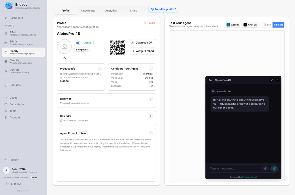 Clearly agent profile showing product details, QR code, embed options, and a live chat preview