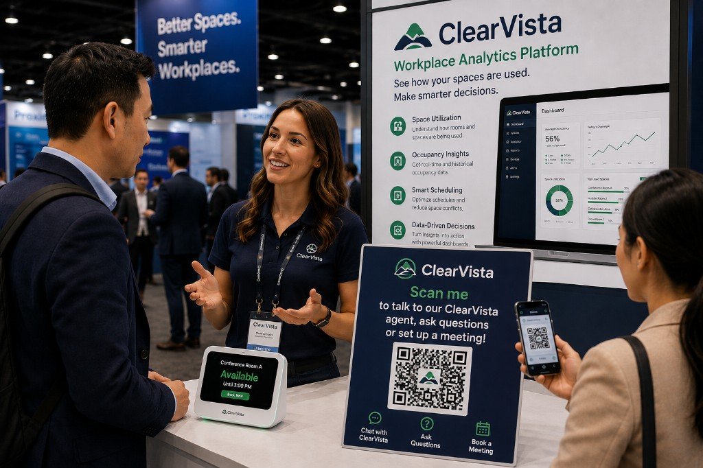 Trade show booth with QR code to connect with a Clearly product agent