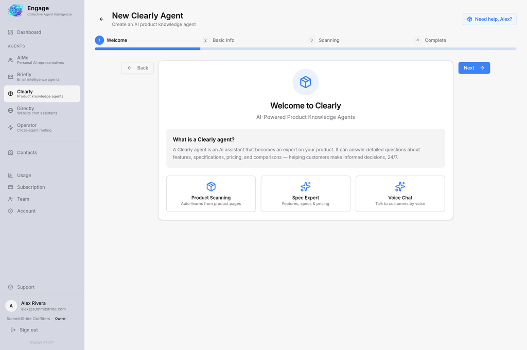 Clearly setup wizard walking through creating a new product knowledge agent