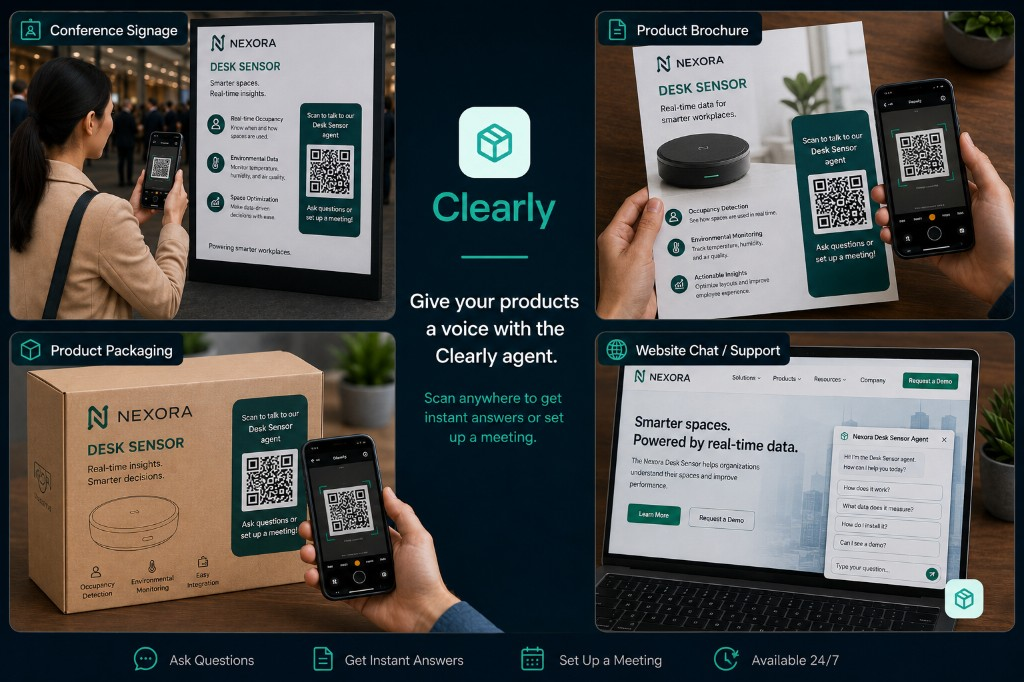 Clearly agents shared via conference signage, brochures, packaging, and website chat