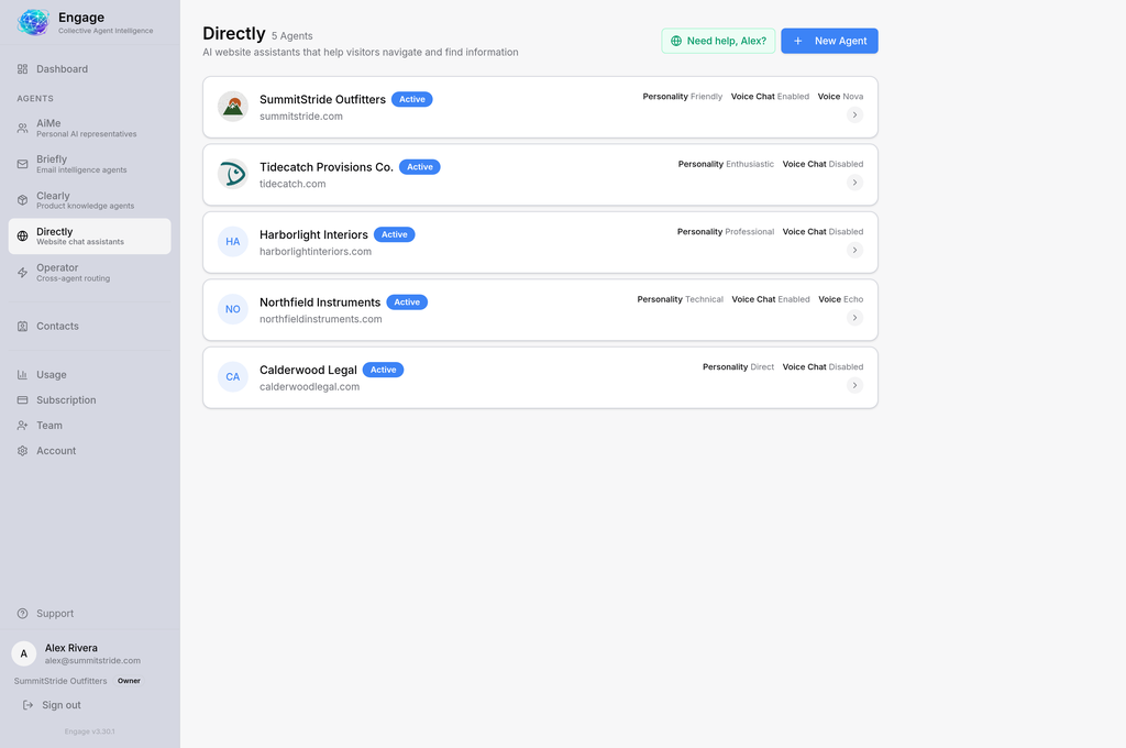 Directly dashboard listing website AI agents with their domains and voice settings