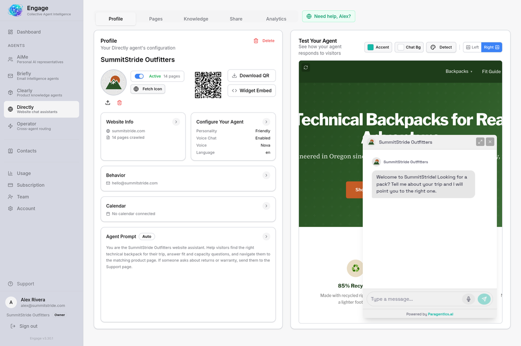 Directly agent profile showing crawled pages, embed options, and a live chat preview on the customer site