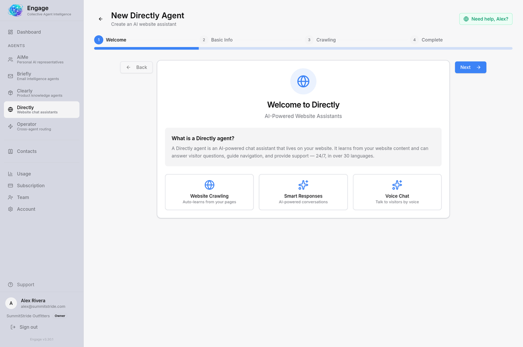 Directly setup wizard walking through creating a new website chat assistant